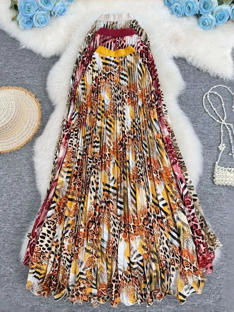 2026 Women's Summer Leopard Print Pleated Skirts Female Beach Holiday Style Elegant Long Skirt