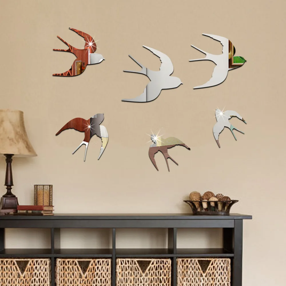 3D Adhesive Reflections-Mirror Birds Swallows Mirror DIY Wall Stickers 10.25 x 15-Inches 6pcs/lot