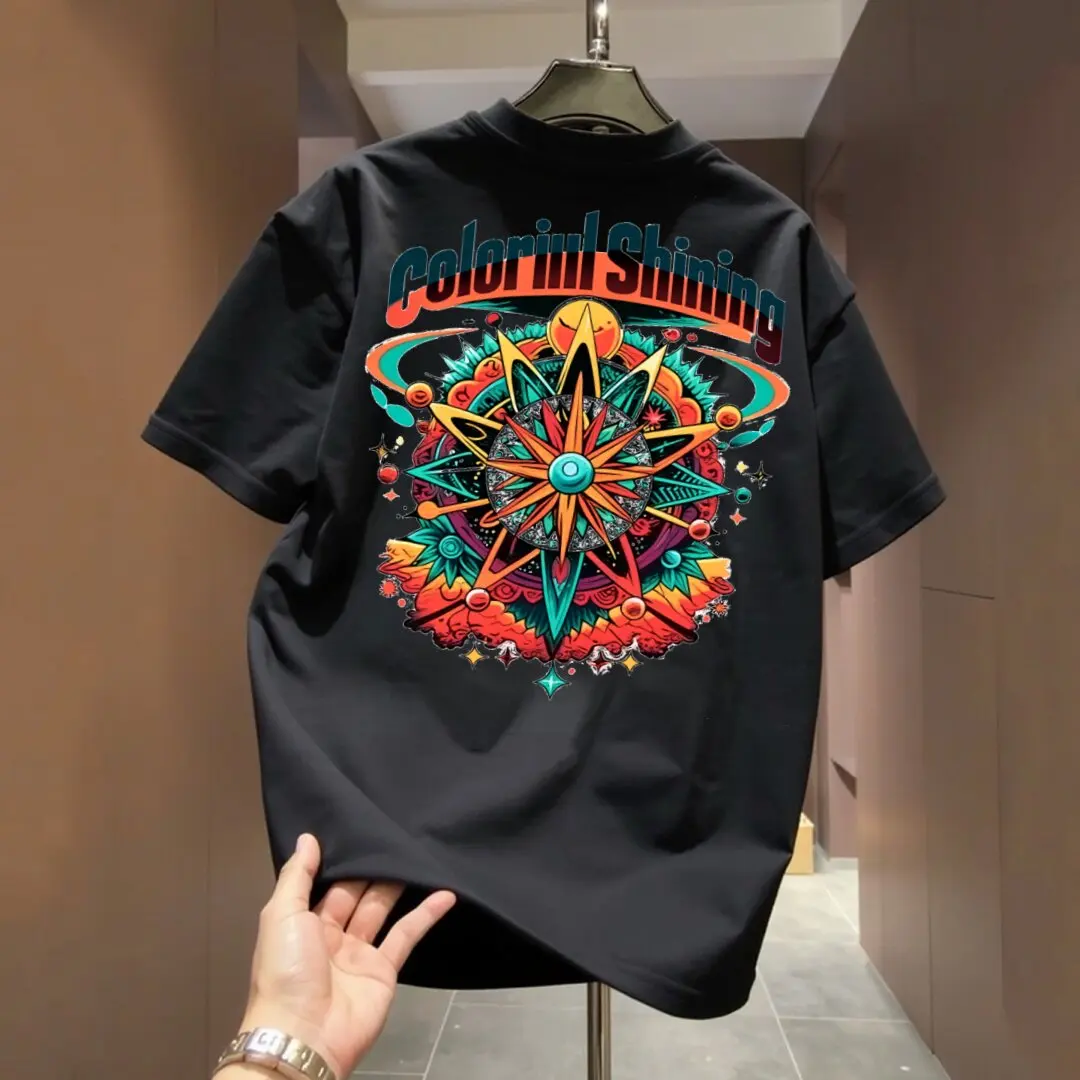 Psychedelic Star Compass with Neon Text Tee 100% Cotton Mens T Shirt for Summer Daily Wear Features A Vivid Artistic Style