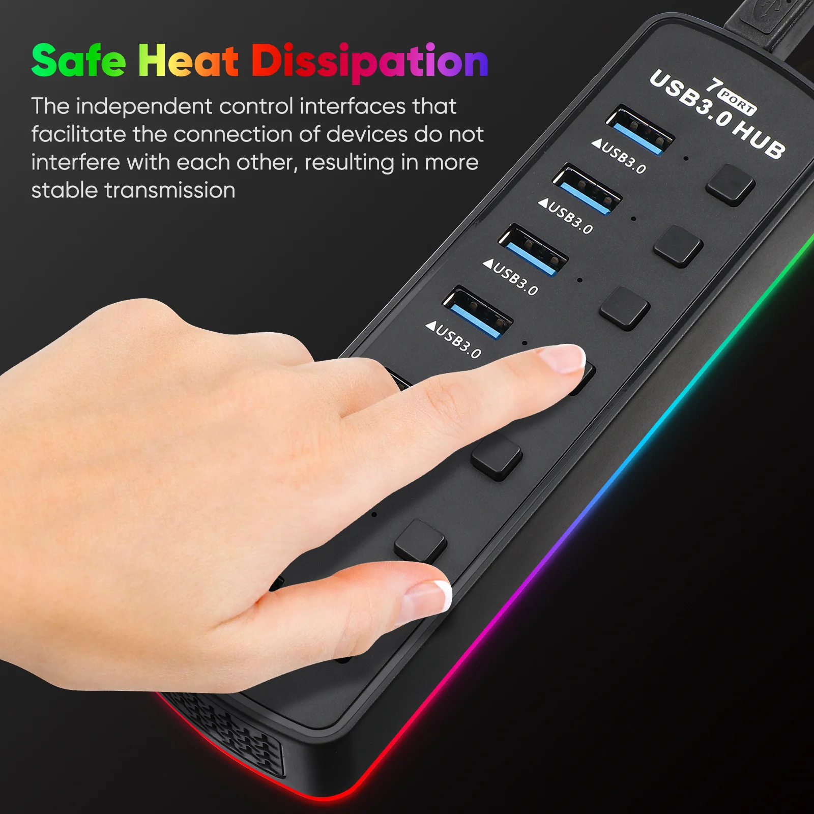 7-Port-USB-Hub-Adapter 3.0, Hochgeschwindigkeits-Datenübertragung, Überlastschutz, LED-Anzeigen, Plug-Play, mehrere USB-Anschlüsse, Laptop