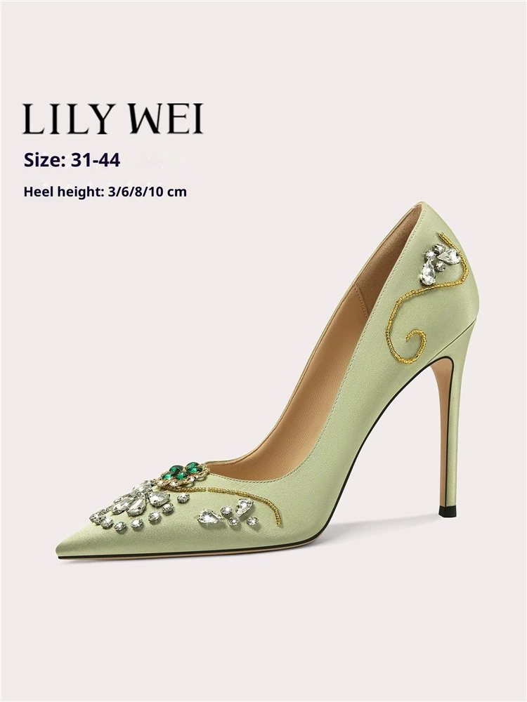 

High-heeled shoes spring pointed shallow silk beaded rhinestone single shoes banquet large size small size low-heeled women shoe