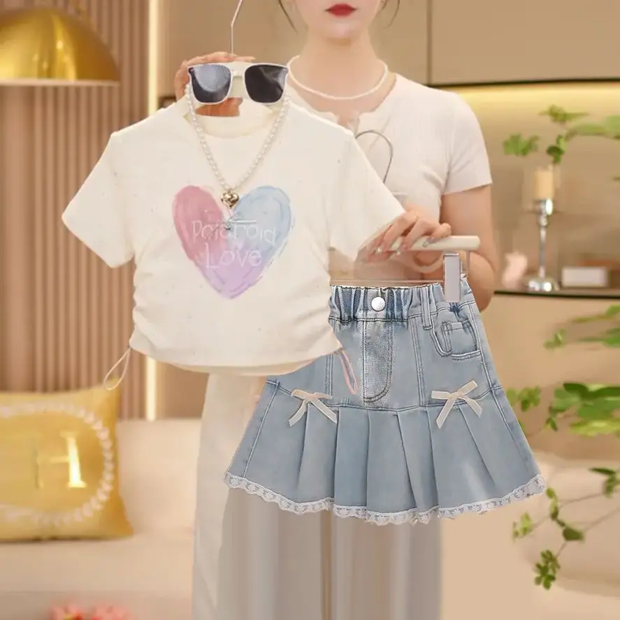 

Новые летние милые комплекты для девочек: топ с надписью + джинсовая юбка, модные костюмы в стиле принцессы, 3-8 лет