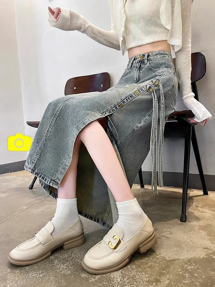 

High Waist Midi Slimming Denim Skirt Spring Summer Thin New Sle Women's Ele f-length Skirt Versatile A-line Skirt