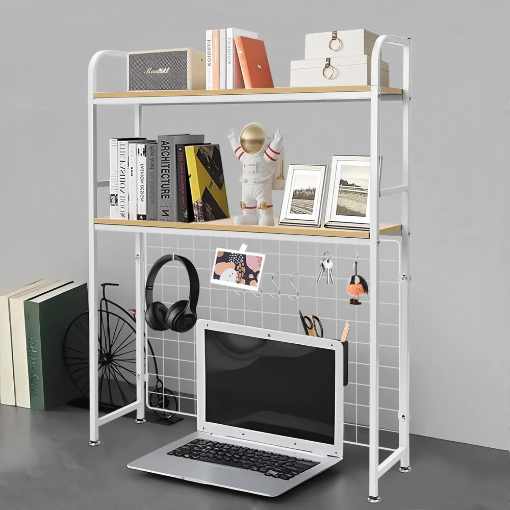 Computer Desktop Bookcase 2-Tier Multipurpose Countertop Hutch Display Shelf Adjustable Wood Rack Organizer (White)