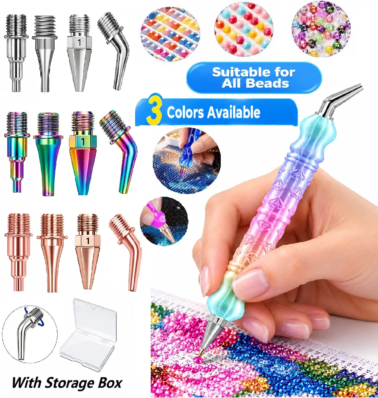 Diamond Painting Pen Replacement Set, Threaded Interface Bent Head/1 Straight Head Replacement Head, Made of Stainless Steel, Fixed by Threaded Attachment, Suitable for Most Diamond Painting Threaded Interface Dotting