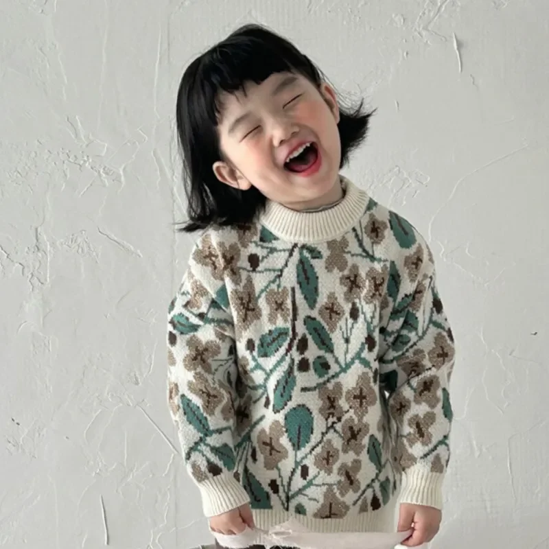 

2025 Winter Korean Childrens Girls Pullover Sweater Flower Jacquard Retro Knit Warm Kids Girls Sweater Baby Girls Knitwear Tops