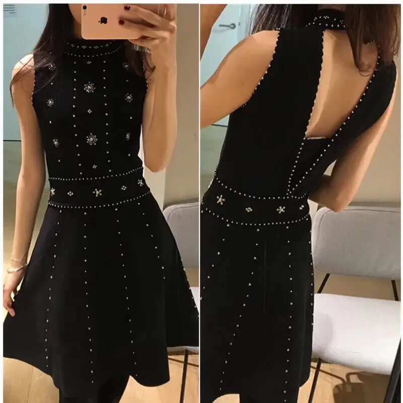 

Women Black Knitted Dress Sequins Beaded Turtleneck Long Sleeve Elastic Waist Elegant Mini Robe
