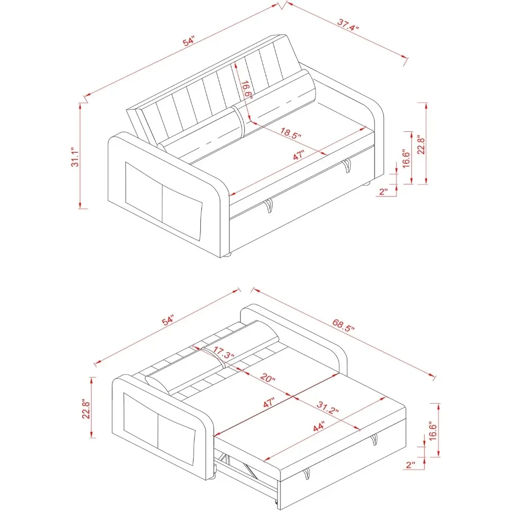 Convertible Sleeper Sofa Bed, 3 in 1 Multifunctional Loveseat, Pull Out Bed with Adjustable Backrest