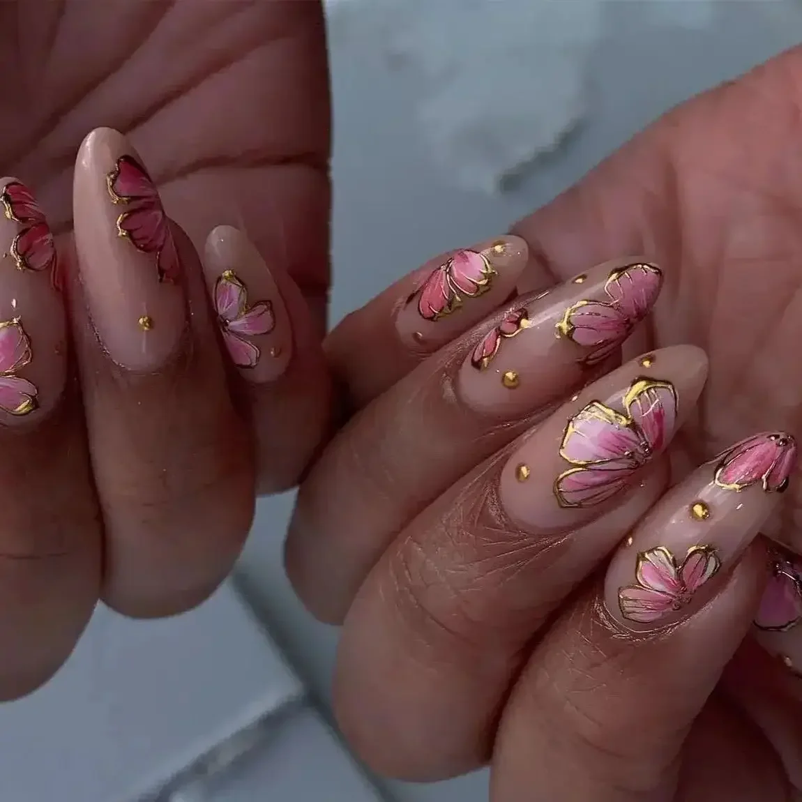 Roze Paarse Bloemen Witte Strik Franse Nail Art Zomermode Amandel Valse Nagel Afneembare Afgewerkte Nepnagels Druk op nagels