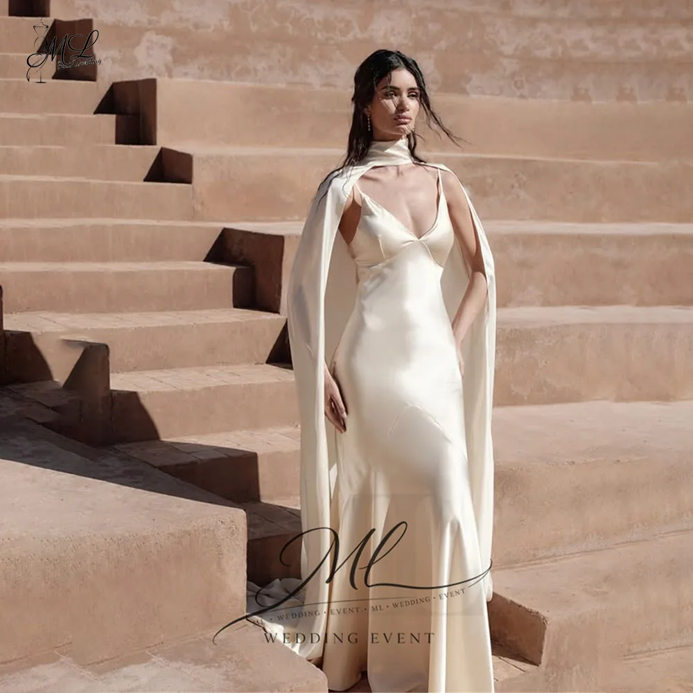 ML Modest Silk Satin Straps Wedding Dresses Women High Collar Shawl Bridal Gown Robe De Mariée Customized 2026