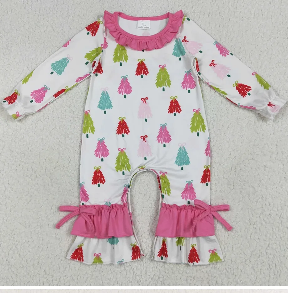 

Boutique Baby Girls Rompers Long Sleeves Colorful Christmas Trees Toddler Girls Bubbles Baby Kids Rompers