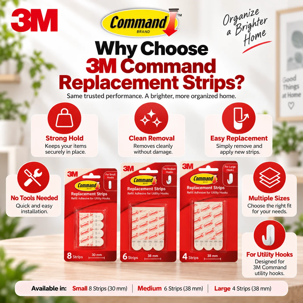 3M Command Replacement Adhesive Strips Strong Hold Clean Removal For Utility Hooks Home Office Wall Mount Small Medium Large