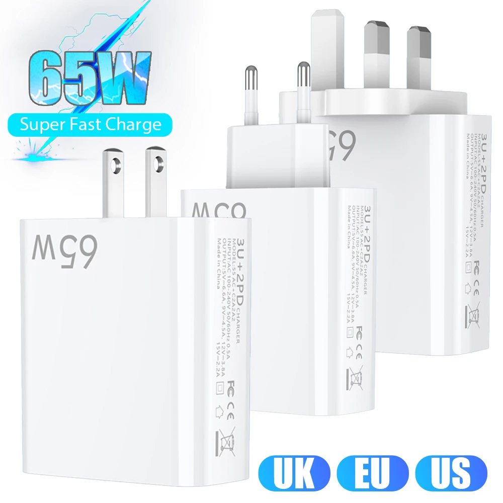 

65 Вт, 5 портов, USB-адаптер для быстрой зарядки типа C, зарядные устройства для телефона, планшета, адаптер для IPhone 16 15 Samsung Xiaomi, настенное зарядное устройство, источник питания