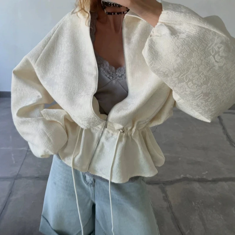 Autumn Luxury Apricot Texture Jacket Zipper Drawstring Waist Slim Puff Sleeves Outerwear Autumn Women Chic Commute Daily Coat