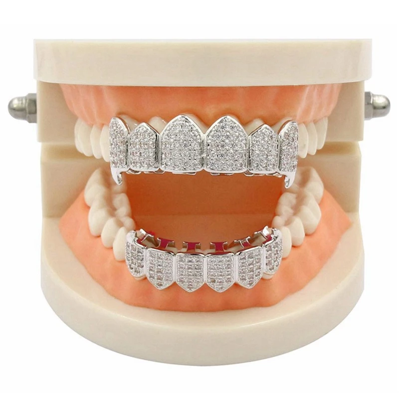 2x banhado a prata superior & inferior grillz boca dentes grelhadores de alta qualidade, prata