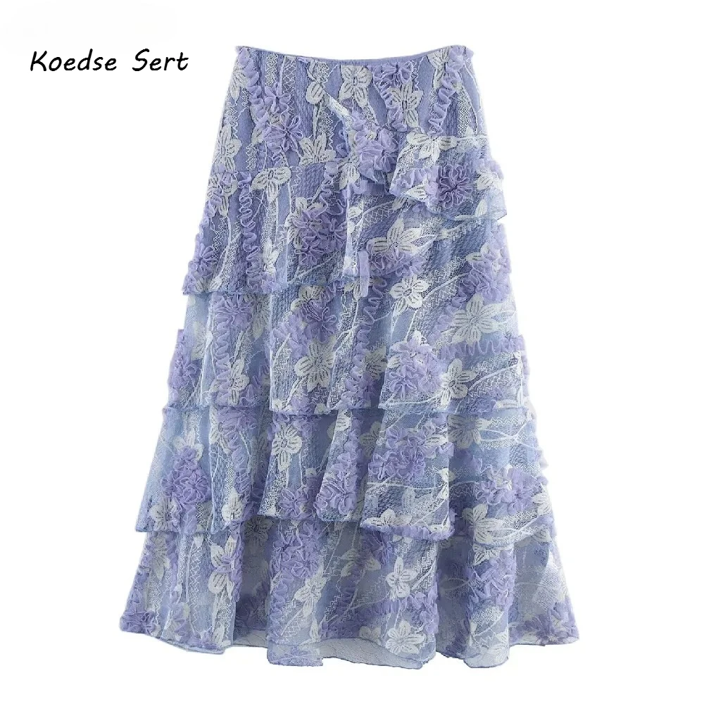 

2025 Sweet Women 3D Flower Mesh Cascade Ruffles Cake Skirt Zipper Waist Holiday Maxi Long irregular Skirt Girl