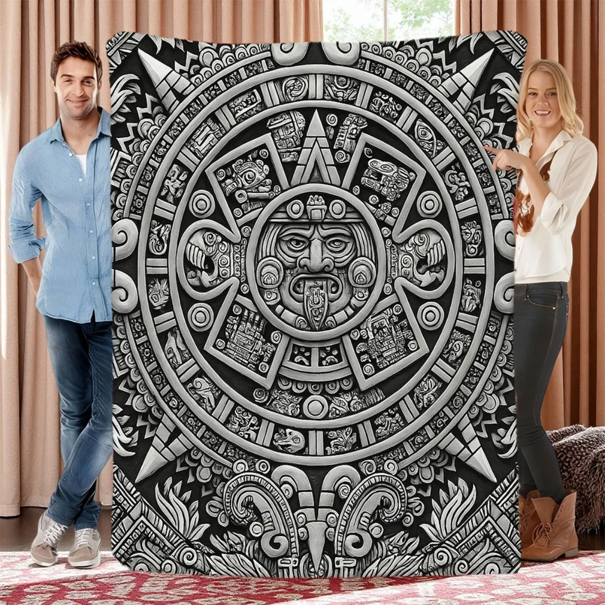 Black White Maya Aztec Sun Stone Calendar Totem Carving Print Flannel Blanket Soft for Ethnic Retro Home Warm Decor Gift