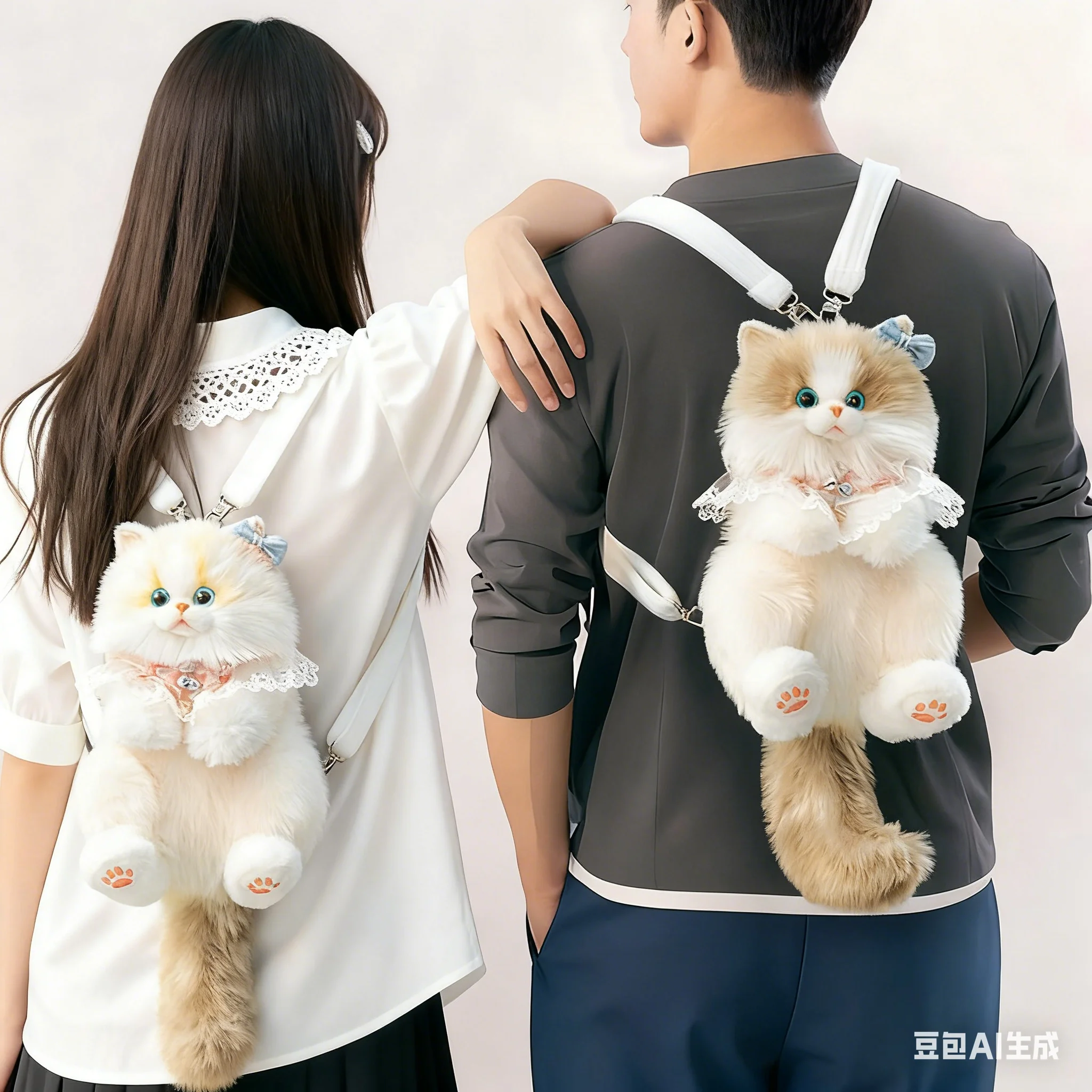 Cute Cat Baby Backpack Super Realistic Three Flower Cat Design Plush Doll Shopping Bag Travel Storage Makeup Bag Birthday Gift
