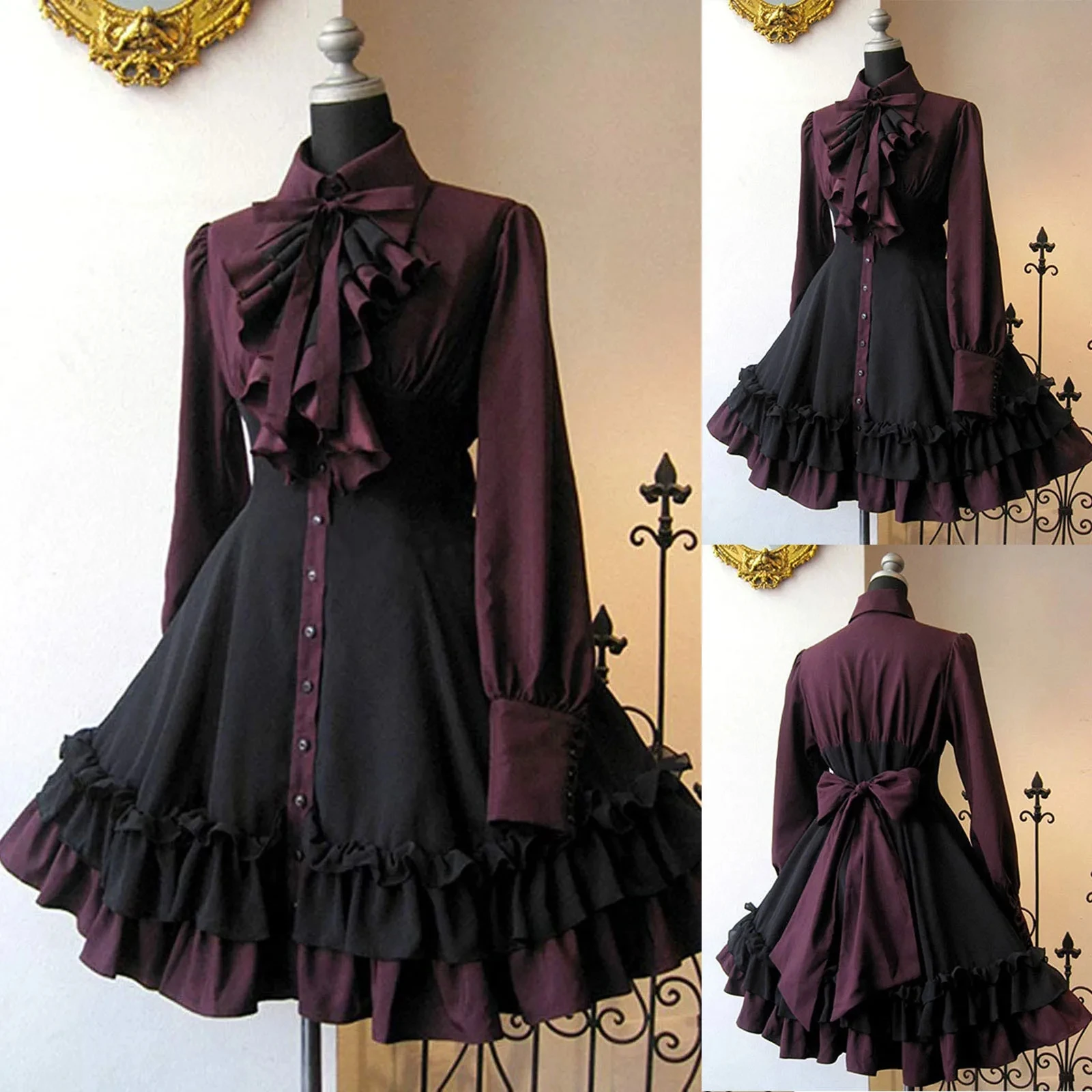 

2023 Women's Gothic Lolita Dresses Renaissance Elegant Vintage Long Sleeved Shirt Bow Ruffled Patchwork Dresses Retro Vestidos