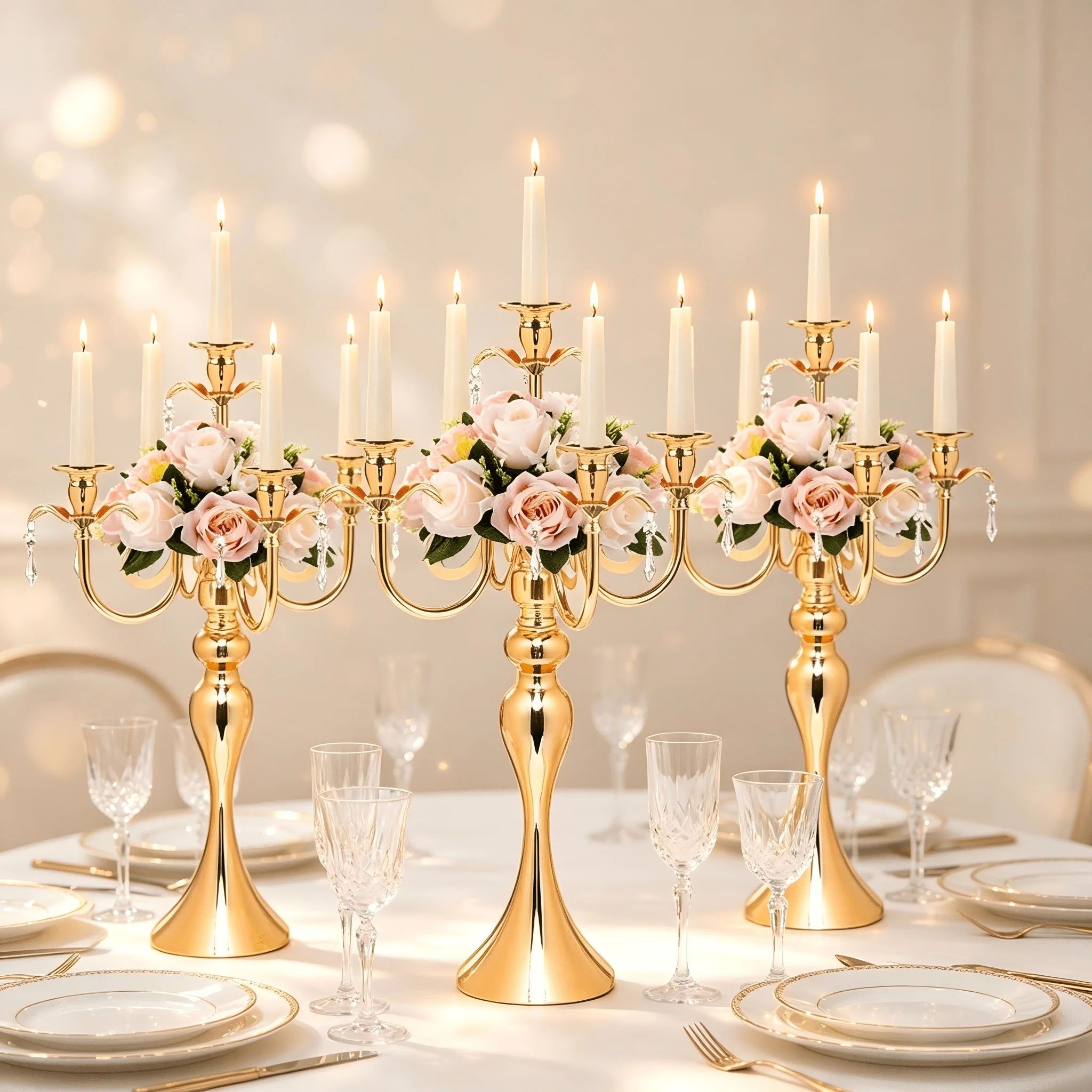 1–3 Piece Set 20.3 Inch (Approx. 50.9 Cm) High 5-Arm Silver Metal Candelabra Centerpiece, Suitable For Party, Event, Home, And W