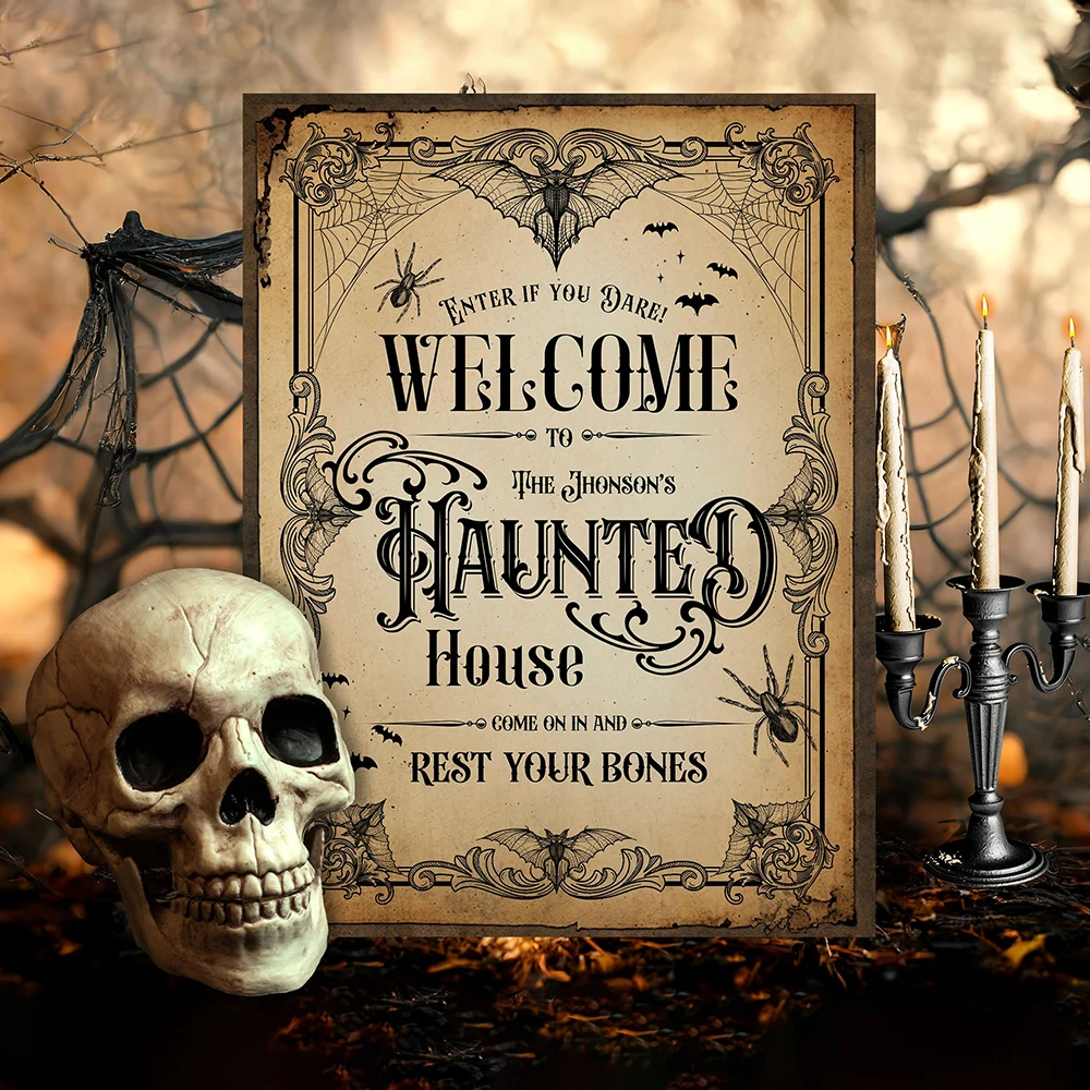 

Halloween Welcome Sign Custom Canvas Poster, Vintage Haunted House Wall Art Print, Holiday Spooky Party Decor, Horror Lover Gif