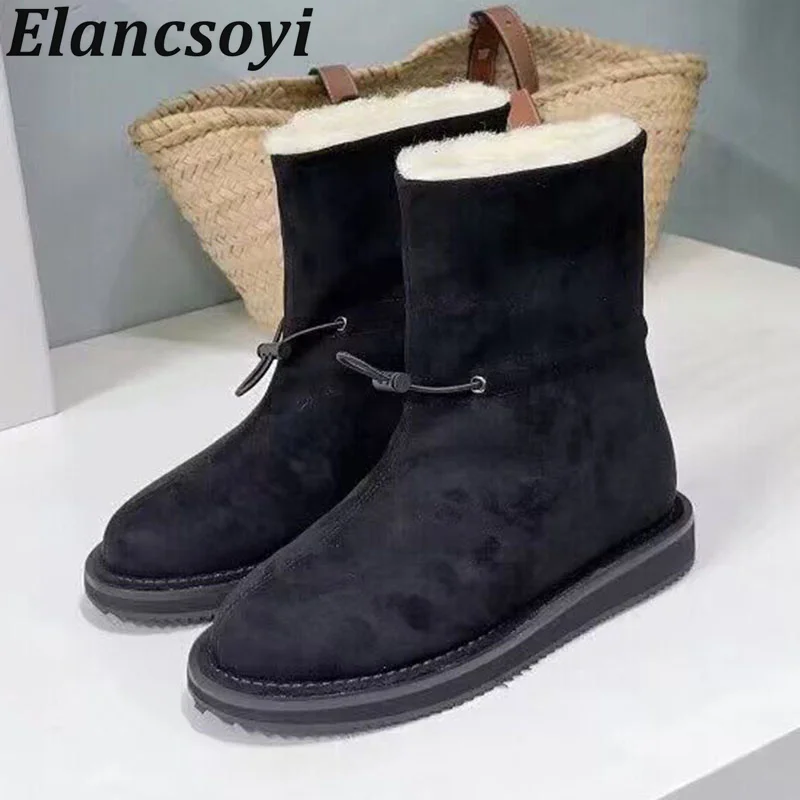 

Winter Round Toe Cow Suede Elastic Band Short Booties Women's Flat Heel Thick Bottom Wool Lining Warm Snow Boots Cotton Boots