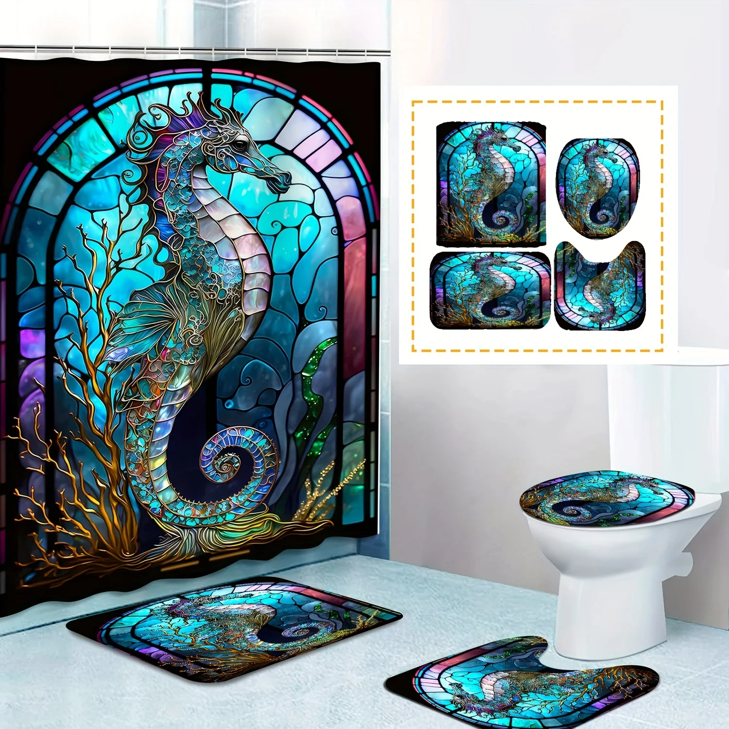 

1/4pcs Seahorse Print Bathroom Set, Water-resistant Curtain Including 12 , Non-Slip Bathroom Rug, Toilet U-Shape Mat, Toilet Lid