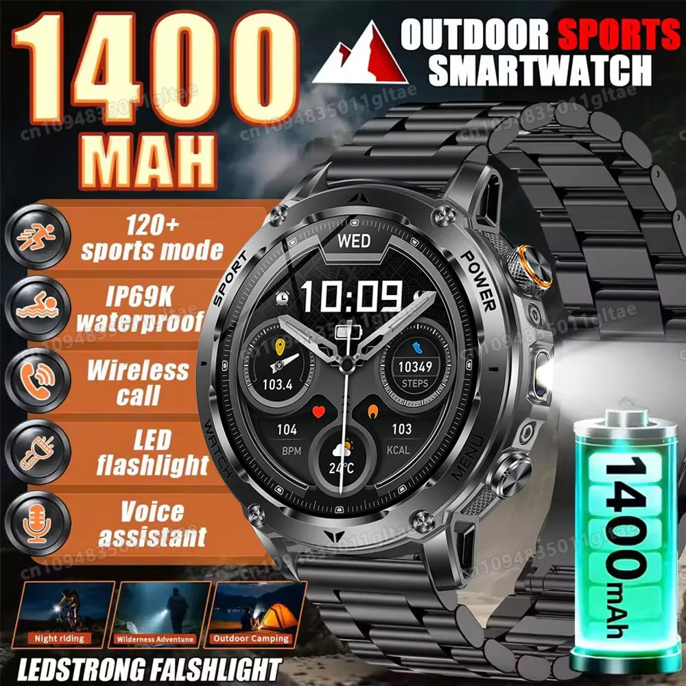 1400mAh Großer Akku Smartwatch für Männer Outdoor GPS Taschenlampe IP68 Wasserdicht Bluetooth-Anruf AMOLED Militär-Sport-Smartwatch HT30