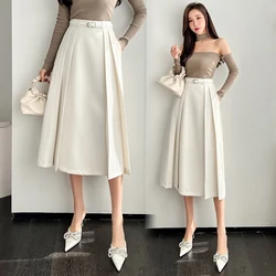 Skirts Womens 2022 Spring and Summer New High-waisted A-line Large Swing Skirt Waist Belt Pleated Suits Mid-length Long Skirt