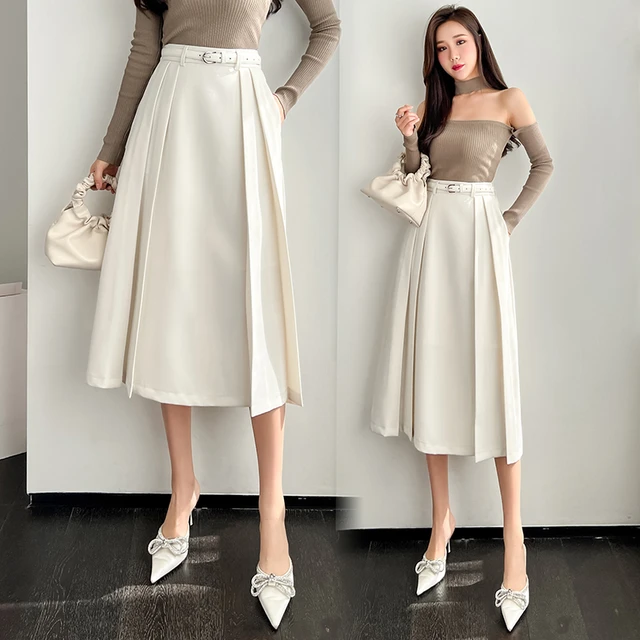 Skirts Womens 2022 Spring and Summer New High waisted A line Large Swing Skirt Waist Belt Pleated Suits Mid length Long Skirt AliExpress 200000345