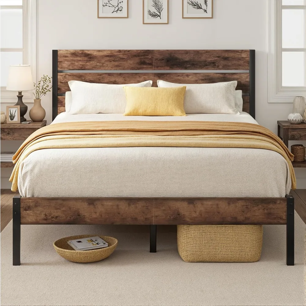 Bettgestell mit Kopf- und Fußteil, Queensize-Bettgestell aus Metall mit Stauraum unter dem Bett, Ganzmetall-Stützsystem