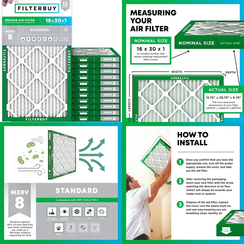 

Набор из 12 плиссированных воздушных фильтров MERV 8, 16x30x1, замена пылезащитной системы печи HVAC AC