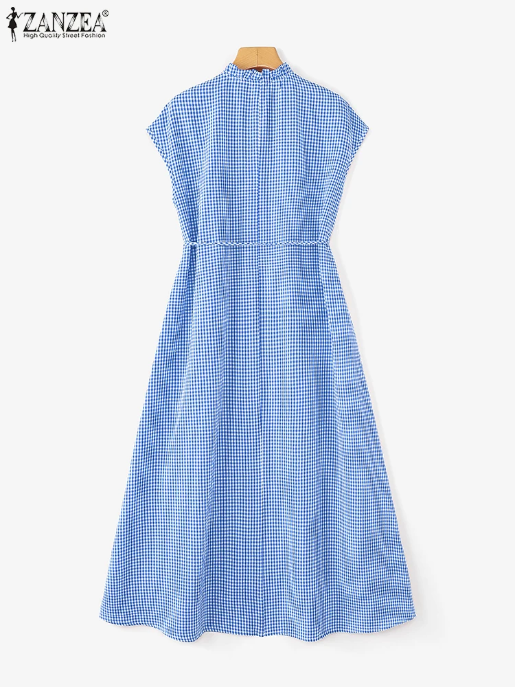ZANZEA Summer Sleeveless Plaid Checked Dress Elegant Women Midi Dresses Work Sundress Casual Holiday Robe O Neck Loose Vestidos