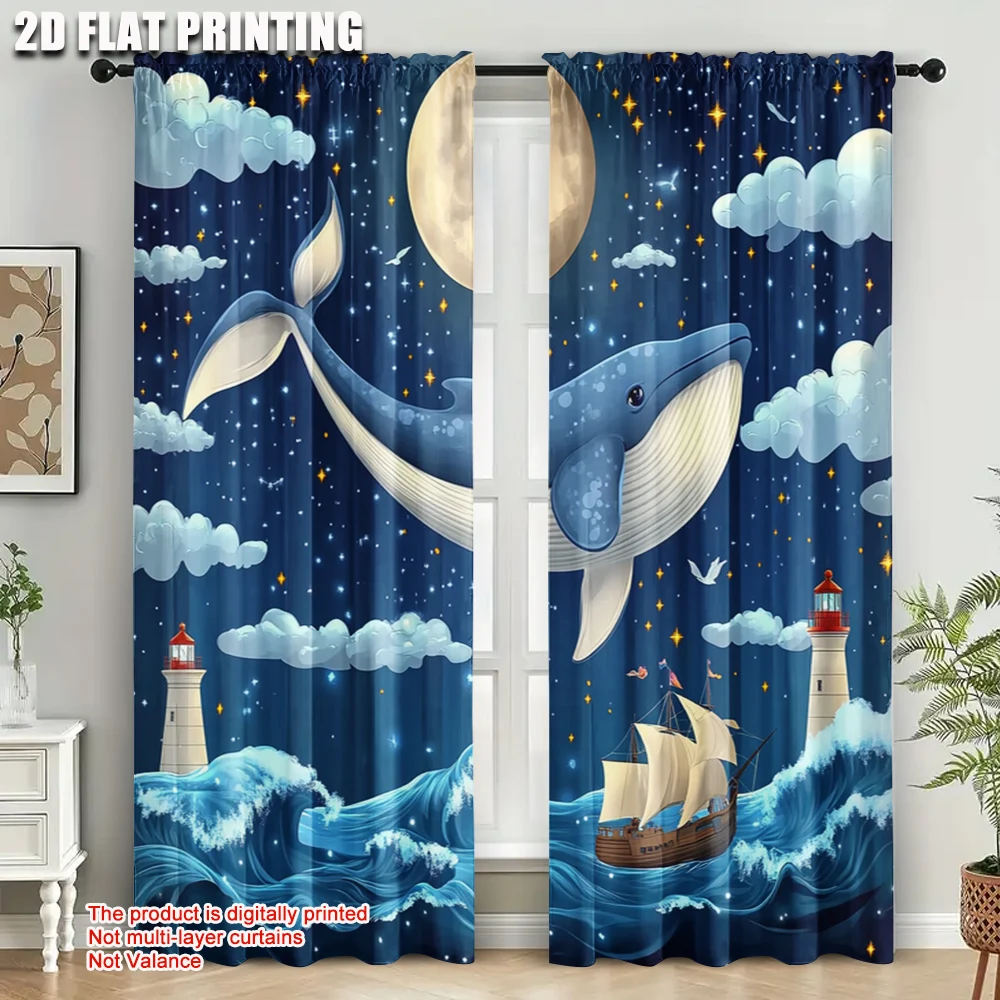 2pcs,2D plane printing Minimalist Curtains Watercolor Whale Polyester (without rod) Outdoor Decorations Ldeal for Bedroom &