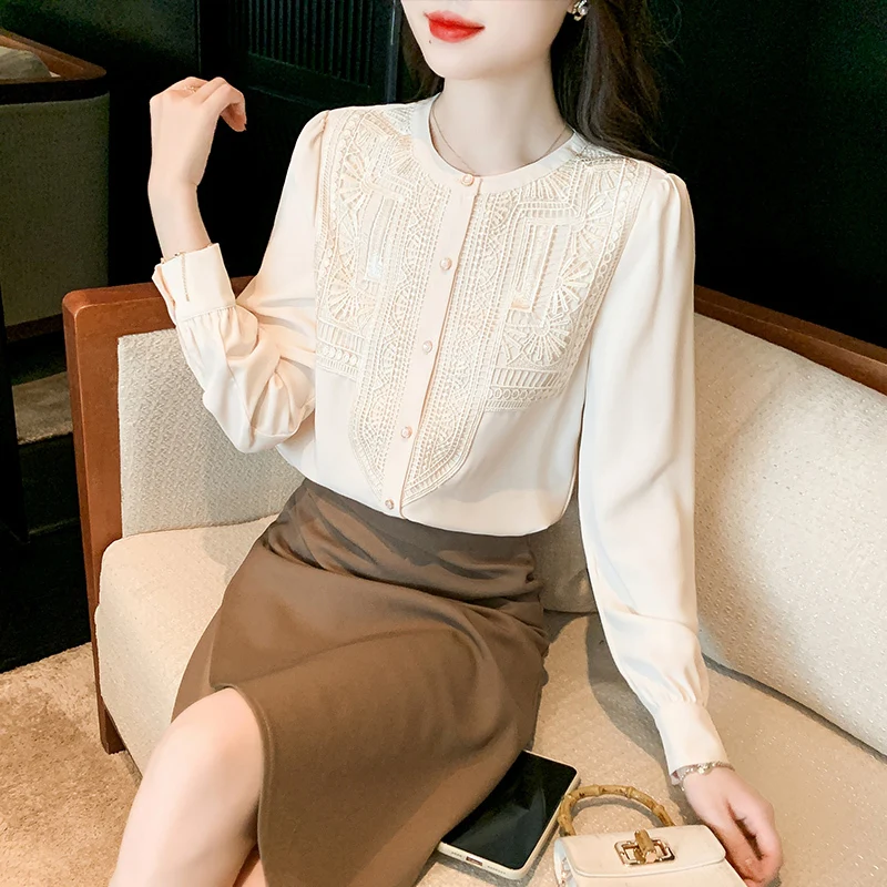 #3235 Spring Beige Long Sleeve Shirts Women Round Neck Vintage Shirts Female Split Joint Lace Blouse Femme Loose Single Breasted