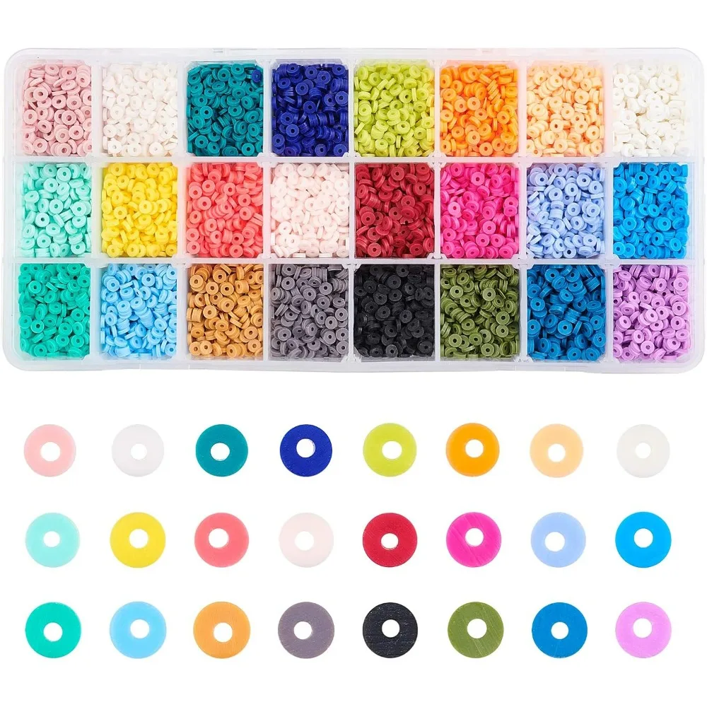 9120pcs Heishi Clay Beads 4mm Vinyl Disc Beads 24 Colors Polymer Clay Flat Silicon for Hawaiian Earring Making Kit