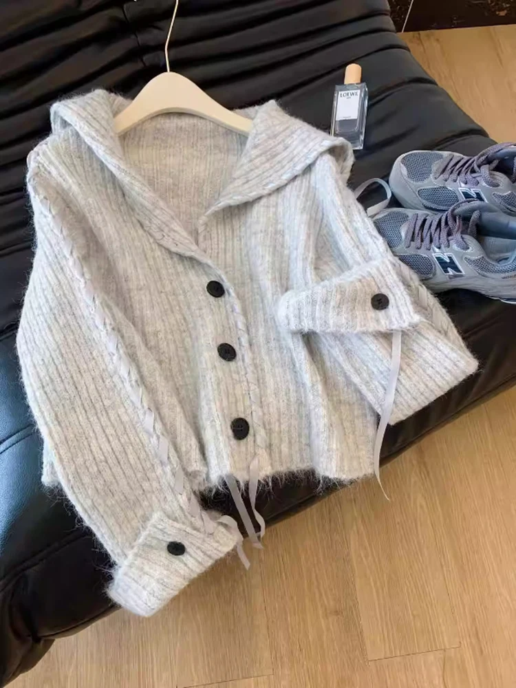 American Women's Sweater Design Sense Large Lapel Single Breasted Knitted Cardigan Autumn Winter Loose Ribbon V-neck Sweater