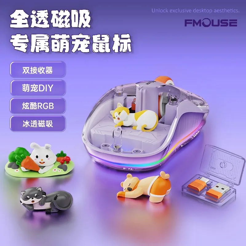 Notebook Transparent Mouse Luminous Wireless Bluetooth 3-Mode Charging Ergonomic Magnetic Doll Cute Mouse for Tablets Laptop