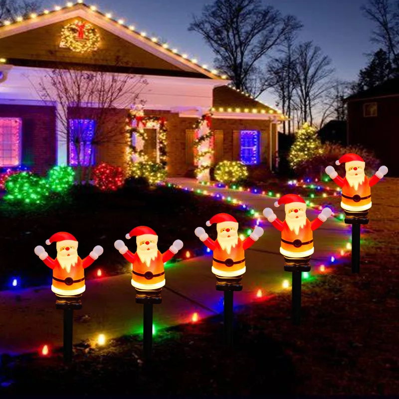 5Pcs/Set Christmas Santa Claus Pathway Lights Garden Stake Lights Solar Powered For Patio Camping Xmas Holiday Party Decoration