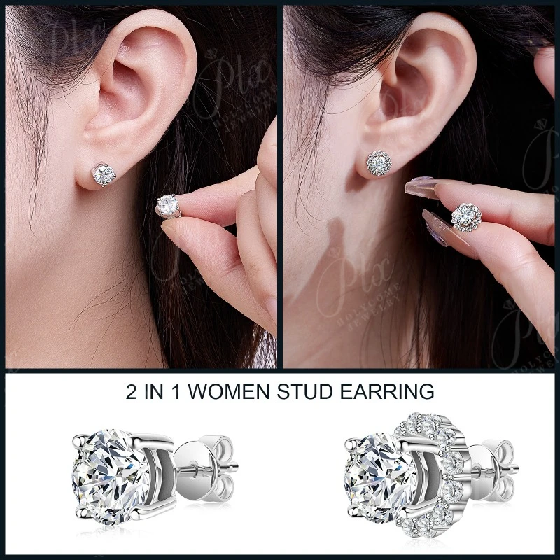 

925 Sterling Silver Round Moissanite 12 Color Diamond 2 in 1 Stud Earrings 1ct Jewel Gift Classical Fine Jewelry For Women Jewel