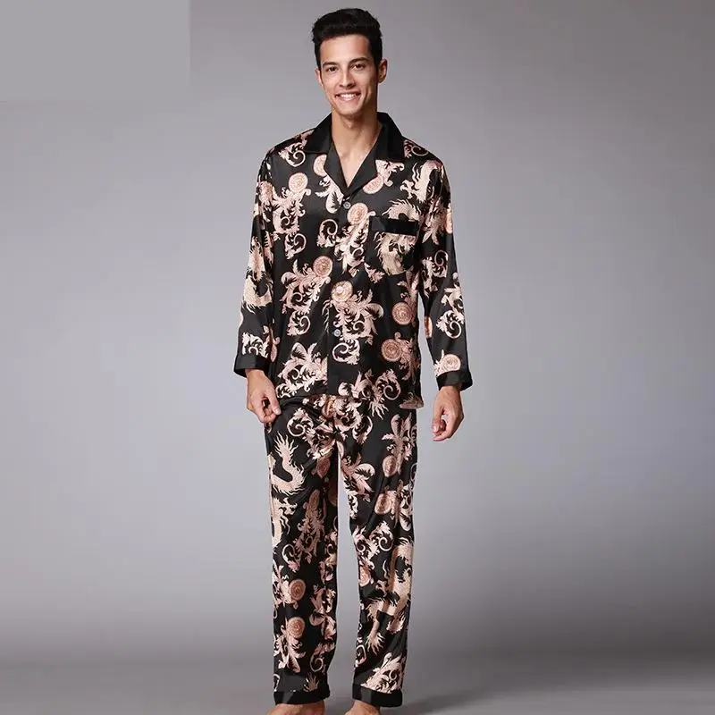 Men's Silk Pajamas Suit Satin Sleepwear Man Night Clothes Set Loose Paisley Printed Pyjamas Set Male