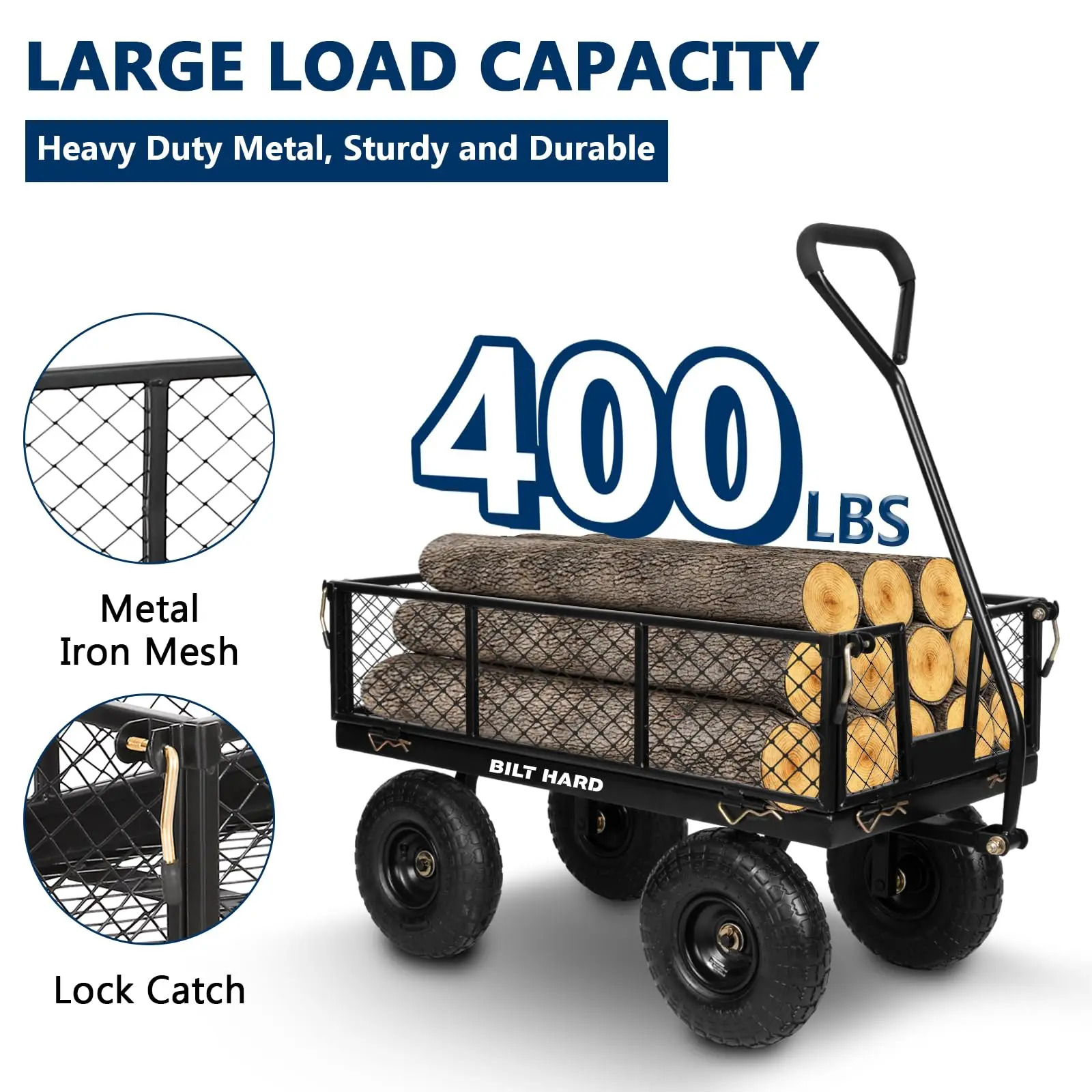 Heavy Duty 400 Lbs Capacity Mesh Steel Garden Cart, 4 Cu.Ft Heavy Duty Garden Cart with 180° Rotating Handle, Removable