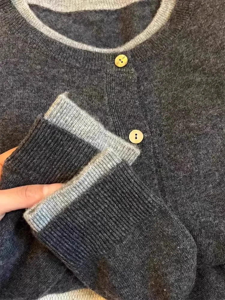 Fake Two 100% Pure Cashmere Sweater Cardigan Dark Grey High-grade Wool Knit Coat Top Women V Neck Button Front Loose Soft Knitte 3