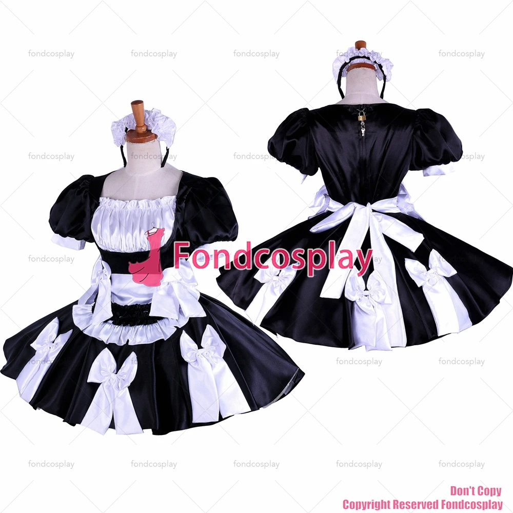 Fondcosplay adulto sexy cross dressing sissy maid nude petto bloccabile abito in raso nero uniforme grembiule CD/TV[G1619]