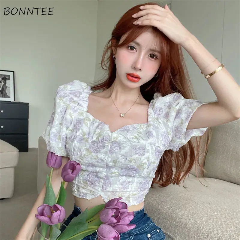 Retro Blouses Women Floral Romantic Stylish Puff Sleeve Slim Chic Temperament Cozy Crops Female Summer French Style Blusas Tops