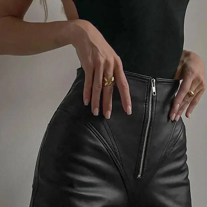 

Women Leather Pants 2025 Autumn New Women's Faux Leather Pants Zipper Detail High Waisted Tummy-Control Slimming Pencil Trousers