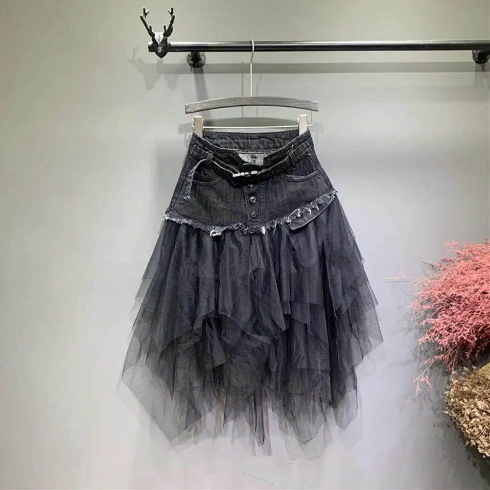 Women A-line Skirt Stylish High Waist Denim Mesh Yarn A-line Skirt for Women Irregular Hem Versatile Work Leisure Wear Wardrobe