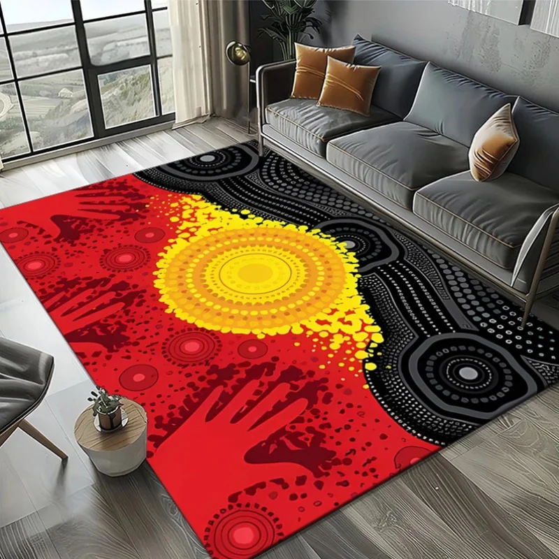 

Яркий абригеновский художественный коврик для гостиной, декоративный напольный коврик с дизайном солнца и отпечатками рук, aboriginalart, декор для гостиной