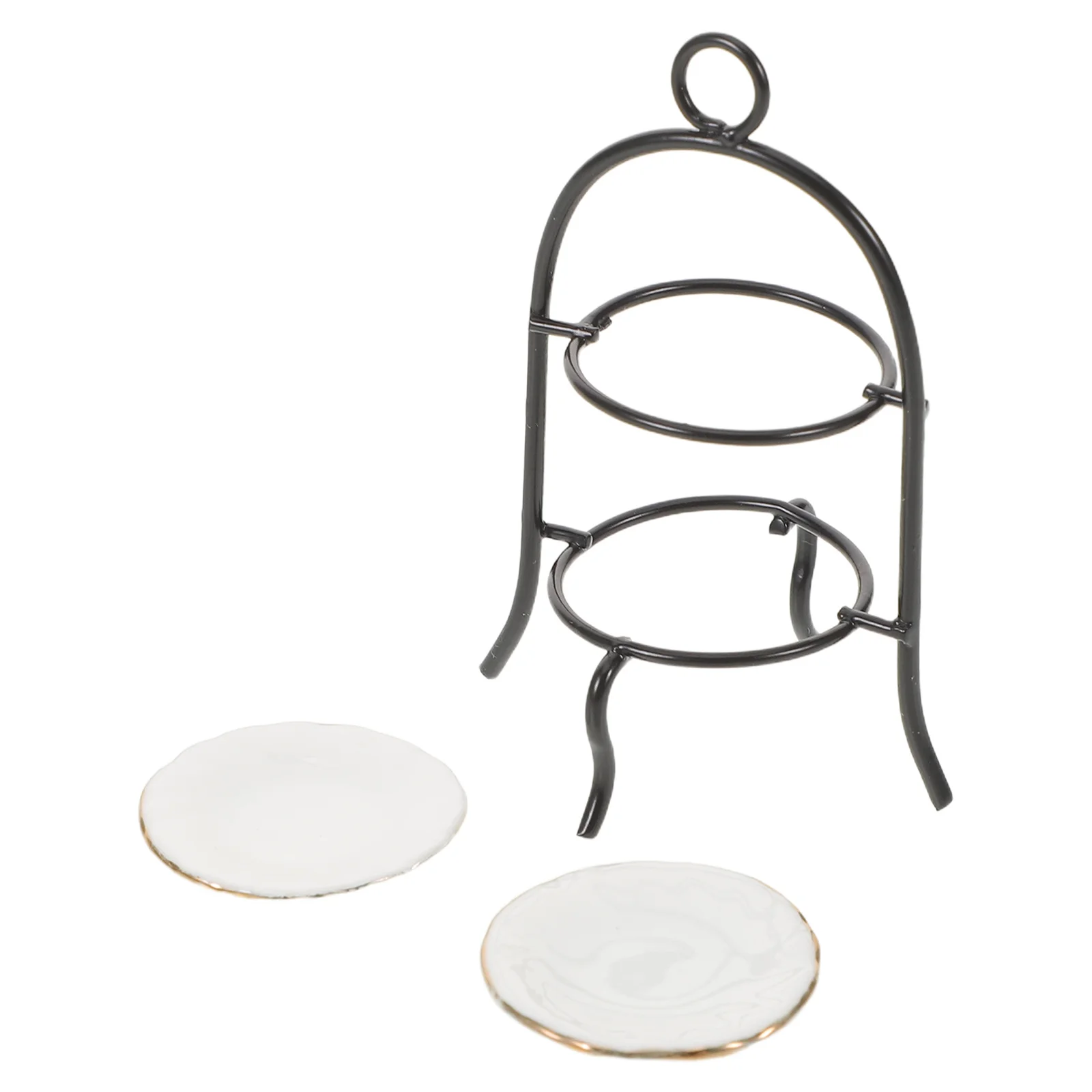 1 conjunto de mini decoração de cozinha: escala 1:12, suporte de sobremesa de 2 camadas, exibição de bolo de cerâmica de metal para cena de cozimento de casa de bonecas
