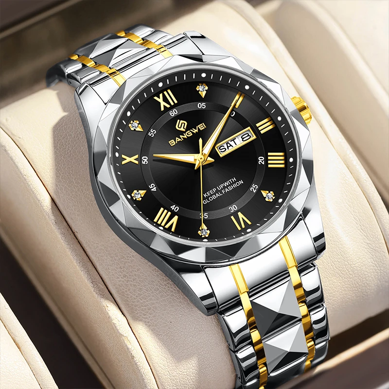 BANGWEI Men Watch Water Diamond Luxury Night Glow Double Calendar Quartz Movement Stainless Steel Fashion Business Watches Male